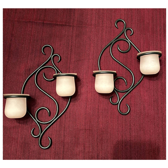 Metal & Frosted Glass Wall Sconces Pair Partylite votive rustic